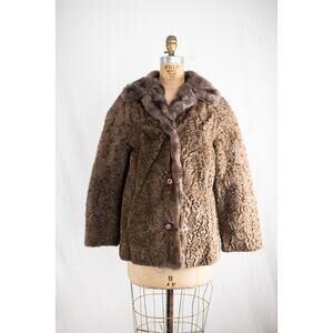 Vintage 1960s Brown Faux Curly Lamb Fur Swing Coat, Glam Old Money Jacket, S M